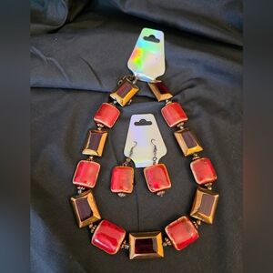 Vintage Red & Gold Glass Beaded Necklace & Earring Set